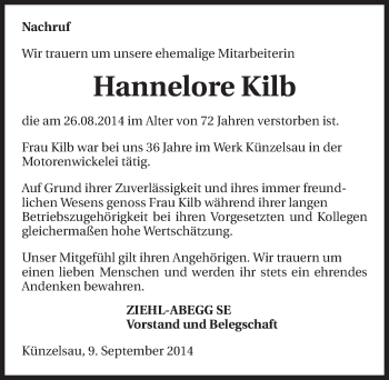 Traueranzeige von Hannelore Kilb 