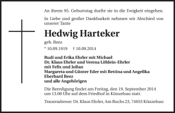 Traueranzeige von Hedwig Harteker 