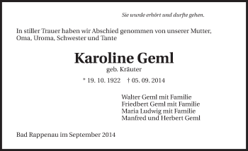 Traueranzeige von Karoline Geml 