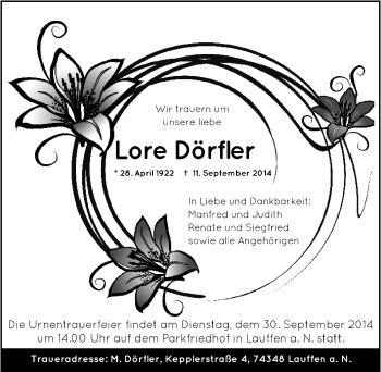 Traueranzeige von Lore Dörfler 