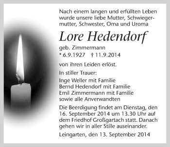 Traueranzeige von Lore Hedendorf 