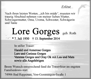 Traueranzeige von Lore Gorges 