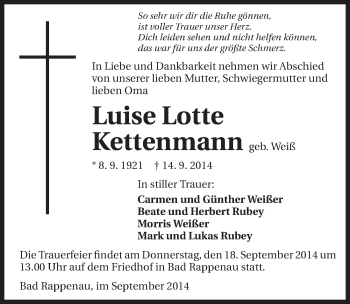 Traueranzeige von Luise Lotte Kettenmann  