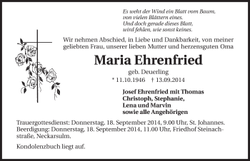 Traueranzeige von Maria Ehrenfried 