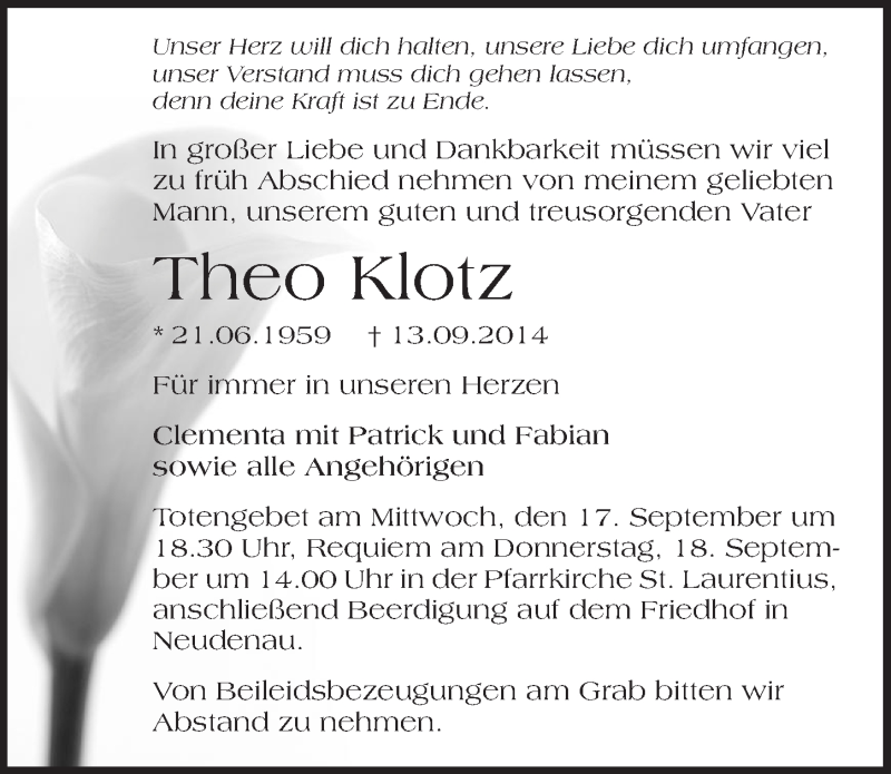  Traueranzeige für Theo Klotz vom 16.09.2014 aus 