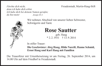 Traueranzeige von Rose Sautter 