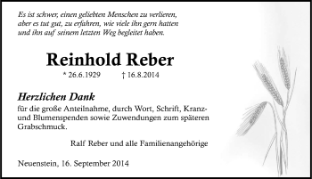 Traueranzeige von Reinhold Reber 