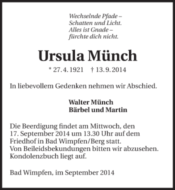 Traueranzeige von Ursula Münch 