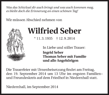 Traueranzeige von Wilfried Seber 