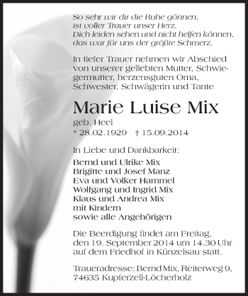 Traueranzeige von Marie Luise Mix 