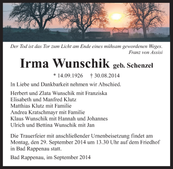 Traueranzeige von Irma Wunschik 