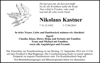 Traueranzeige von Nikolaus Kastner 