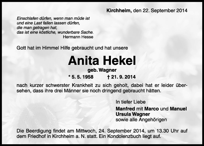  Traueranzeige für Anita Hekel vom 22.09.2014 aus 