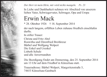 Traueranzeige von Erwin Mack 