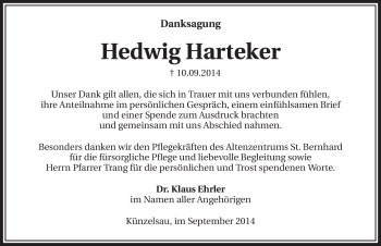 Traueranzeige von Hedwig Harteker 