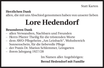 Traueranzeige von Lore Hedendorf 