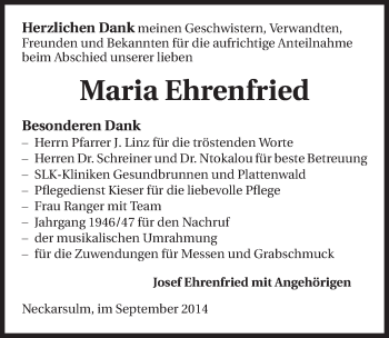 Traueranzeige von Maria Ehrenfried 