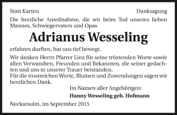 Traueranzeige von Adrianus Wesseling 