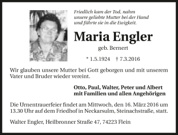 Traueranzeige von Maria Engler 