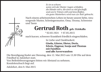 Traueranzeige von Gertrud Roth 