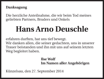 Traueranzeige von Hans Arno Deuschle 