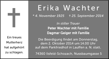 Traueranzeige von Erika Wachter 