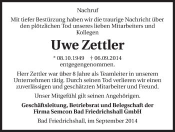 Traueranzeige von Uwe Zettler 