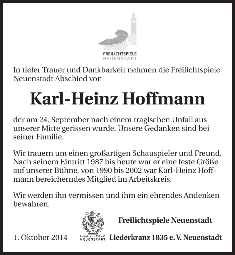  Traueranzeige für Karl-Heinz Hoffmann vom 01.10.2014 aus 