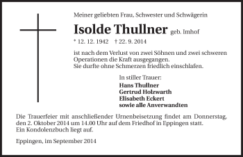 Traueranzeige von Isolde Thullner 