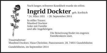 Traueranzeige von Ingrid Dockter 