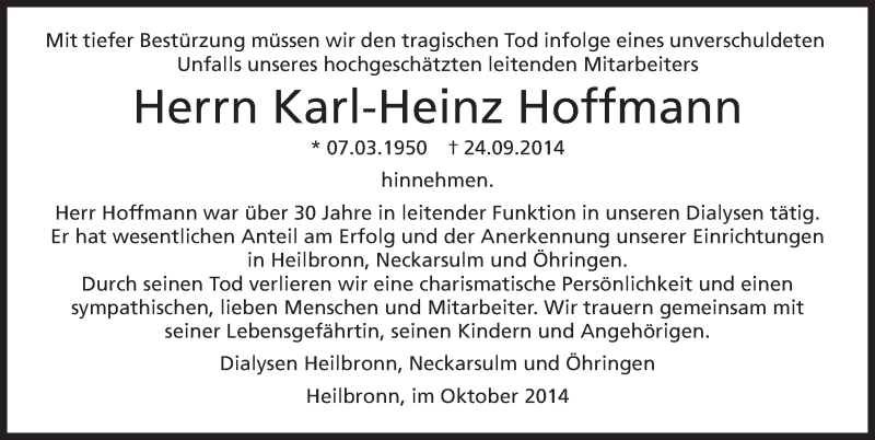  Traueranzeige für Karl-Heinz Hoffmann vom 01.10.2014 aus 