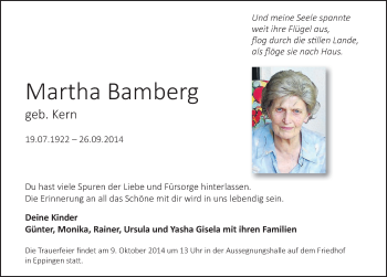 Traueranzeige von Martha Bamberg 