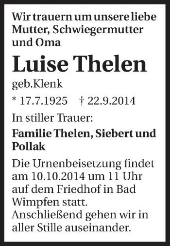 Traueranzeige von Luise Thelen 