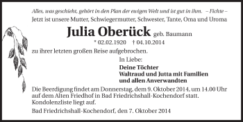 Traueranzeige von Julia Oberück 