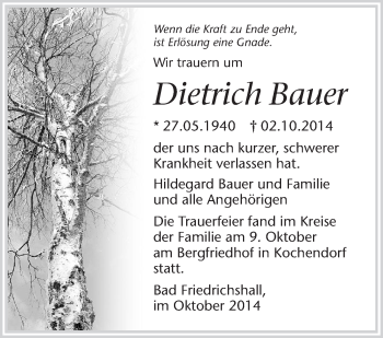 Traueranzeige von Dietrich Bauer 