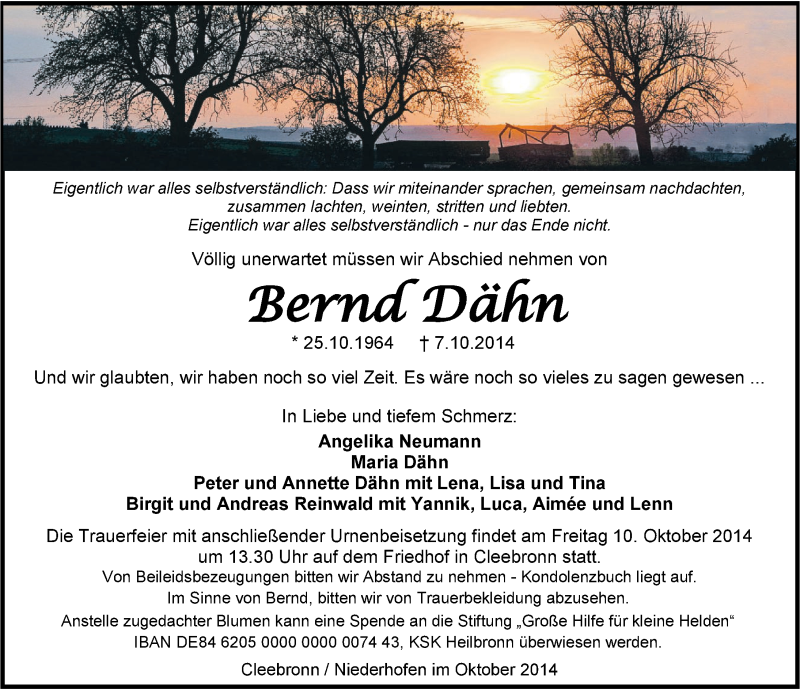  Traueranzeige für Bernd Dähn vom 09.10.2014 aus 
