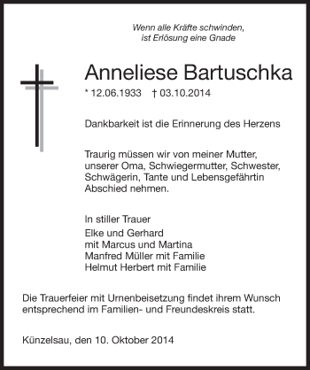 Traueranzeige von Anneliese Bartuschka 