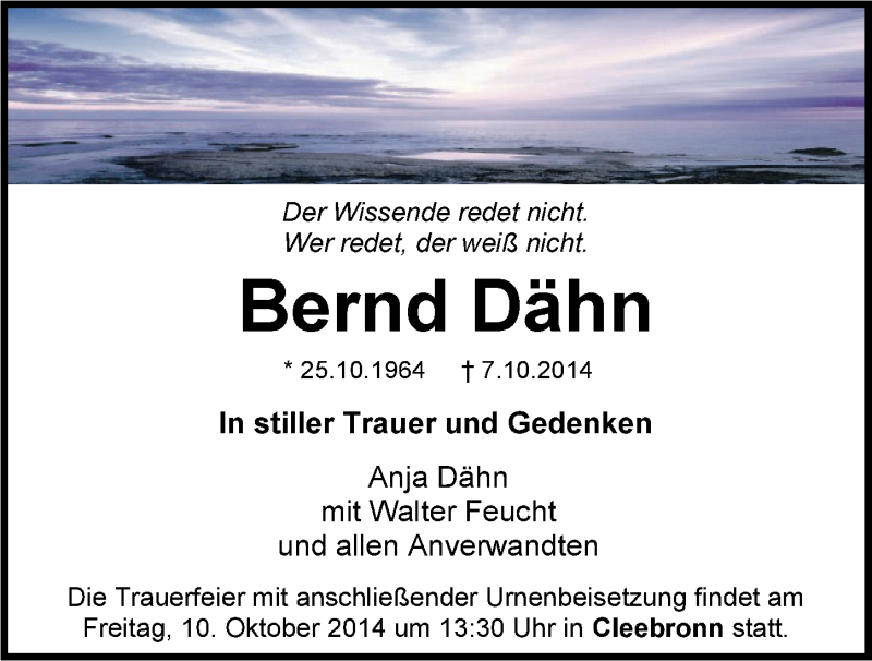  Traueranzeige für Bernd Dähn vom 09.10.2014 aus 