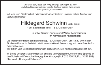 Traueranzeige von Hildegard Schwinn 