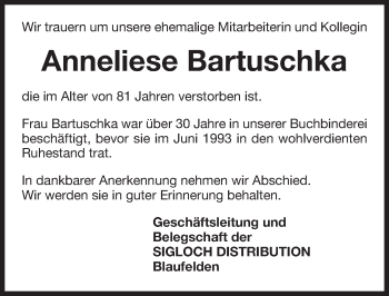 Traueranzeige von Anneliese Bartuschka 