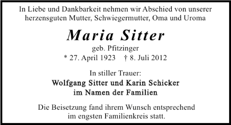  Traueranzeige für Maria Sitter vom 14.07.2012 aus 