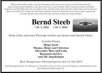 Traueranzeige von Bernd Steeb 