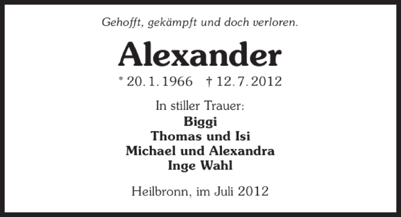  Traueranzeige für Alexander Alexander vom 14.07.2012 aus 