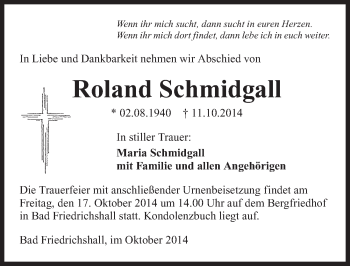 Traueranzeige von Roland Schmidgall 