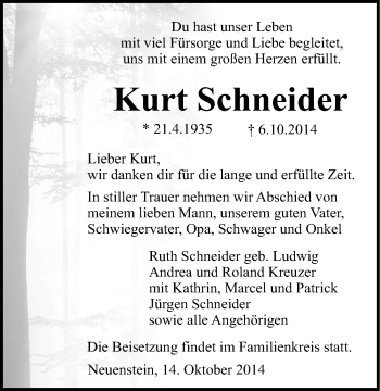 Traueranzeige von Kurt Schneider 