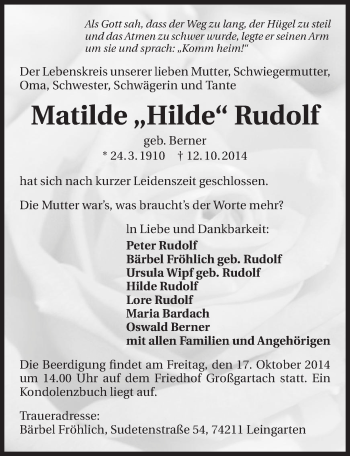 Traueranzeige von Matilde Rudolf 