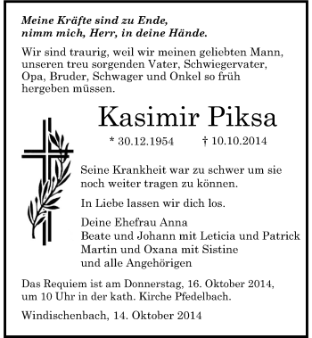 Traueranzeige von Kasimir Piksa 