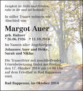 Traueranzeige von Margot Auer 