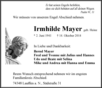 Traueranzeige von Irmhilde Mayer 