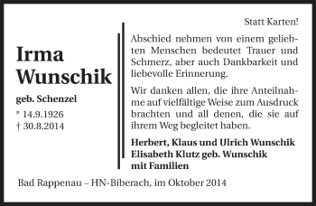 Traueranzeige von Irma Wunschik 